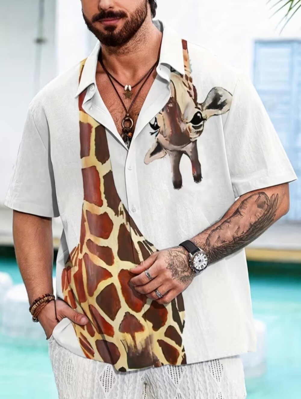 Men's Short-Sleeve Giraffe Button-Up Shirt
